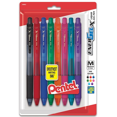 Pentel EnerGel-X Retractable Liquid Gel Pen, 0.7mm Metal Tip, Medium Line, Assorted Ink, 8-Color Set BL107CRBP8M