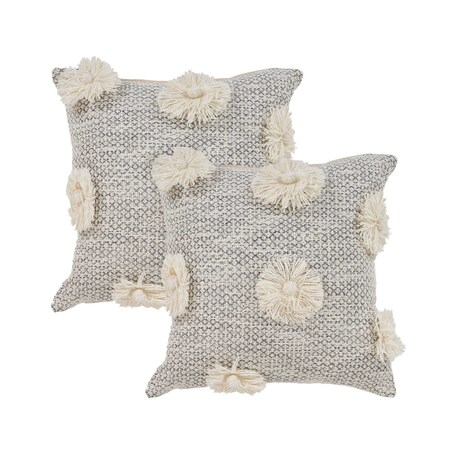 Homeroots Set of Two Gray and Ivory Floral Cotton Throw Pillows With Fringe, 2PK 554577