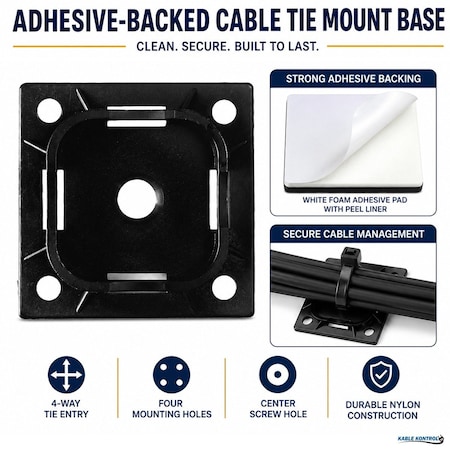 Kable Kontrol Adhesive Cable Tie Mounts, 1-1/2" Sq, UV Black Nylon, PK100 CT286