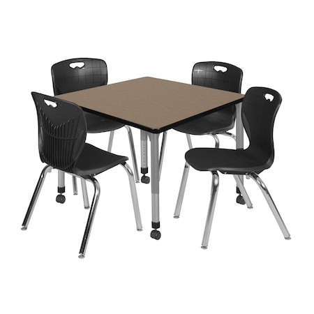Regency Square Kee Mobile Adjustable Classroom Table W/ 4 Andy Chairs, 42 in W, 42 in L, Noble Oak TB4242NOAPCGY40BK
