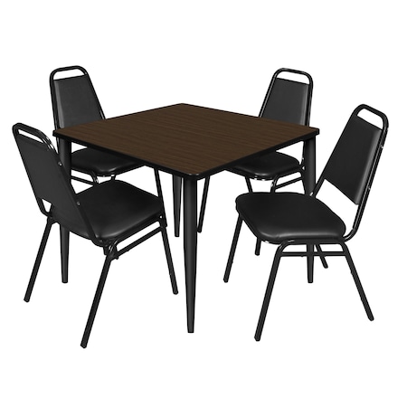Regency Square Kahlo Breakroom Table W/ 4 Restaurant Stack Chairs, 42 in W, 42 in L, Neo Walnut TPL4242NWBK29BK