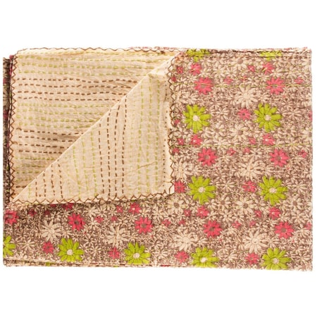 Homeroots 50" X 70" Green and Brown Kantha Cotton Floral Throw Blanket with Embroidery 357577