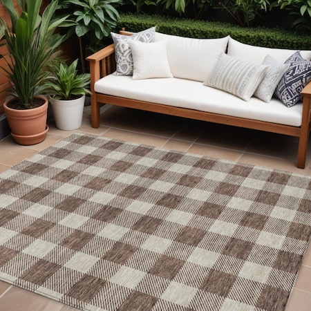 Homeroots 10' X 14' Brown And Beige Plaid Washable Indoor Outdoor Area Rug 595384