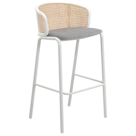 Leisuremod Ervilla Wicker Bar Stool with Fabric Seat and White Powder Coated Steel Frame, Grey EBW-31GR