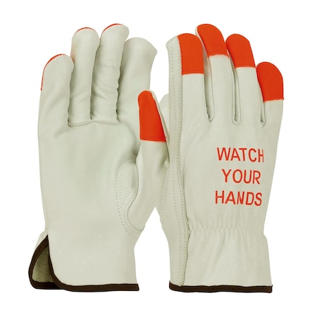 Pip Superior Grade Top Grain Cowhide Leather Drivers Glove w/Hi-Vis Fingertips and "WATCH YOUR HA, 12PK 68-165HV/S