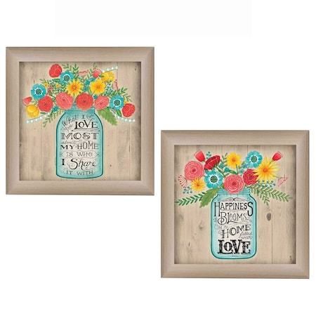 Set Of Two Mason Jar Floral Happiness at Home Brown Framed Print Wall Art, 2PK