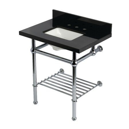 Kingston Brass 30-Inch Black Granite Console Sink with Brass Legs and Shelf, 8-Inch, 3-Hole KVPK30KBSQB1