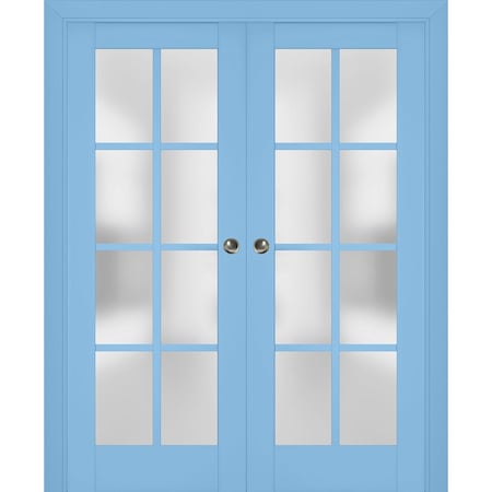 Sartodoors Sliding French Double Pocket Doors with Frosted Glass 60x84 (2* 30x84) Solid Core Modern Interior VEREGIO7412DP-AQU-6084