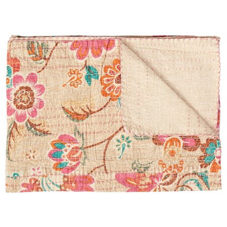 Homeroots 50" X 70" Beige Pink Orange and Green Cotton Kantha Floral Throw Throw Blanket with Embroidery 293208