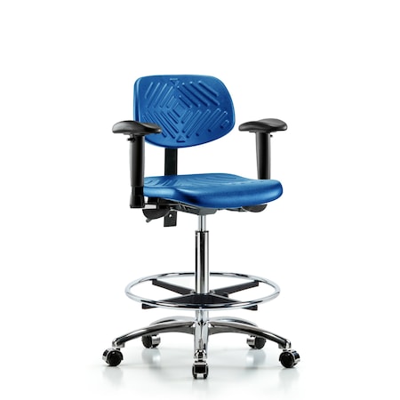 Blue Ridge Ergonomics Poly Chair Chrome, High Bench, Tilt, Arms, Foot Ring, Casters, Blue BR-PHBCH-CR-T1-A1-CF-CC-BLU
