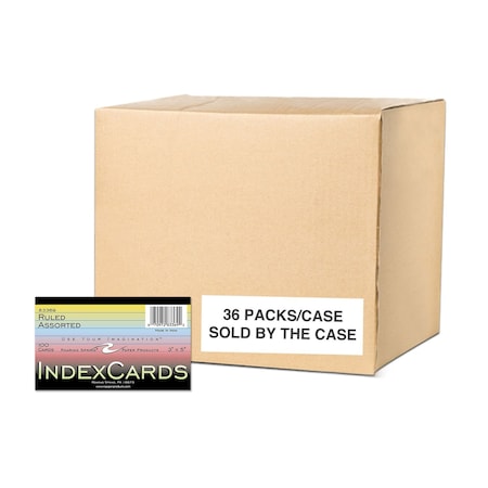Roaring Spring Case of Colored Index Cards 3"x5", 100 per pack, Ruled on Front, Blank on Back, 3 Colors 83369cs