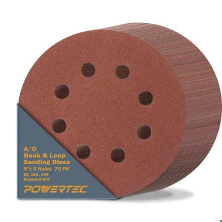 Powertec 5 in. 8 Hole Hook and Loop Sanding Discs Assortment, Aluminum Oxide, 60/120/240 Grit, 75PK 45053N