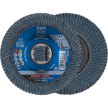 Pferd 5'' X-LOCK POLIFAN Flap Disc - Z SGP CURVE STEELOX, Zirconia, 40 Grit, Large Radius 67799