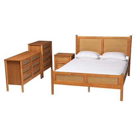 Baxton Studio Jenn Golden Brown Wood Japandi 4-Piece Queen Size Bedroom Set with Distressed-Finished Rattan 253-13897-13946-13947-13948-ZORO