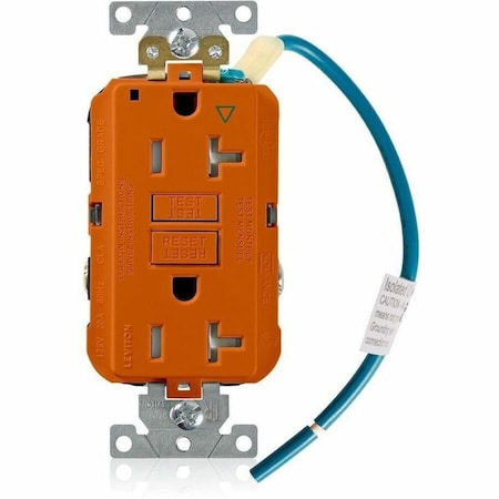Leviton GFCIDplxRcptclOutlt, 20A, 125VAC, Org GFTR2-IGO
