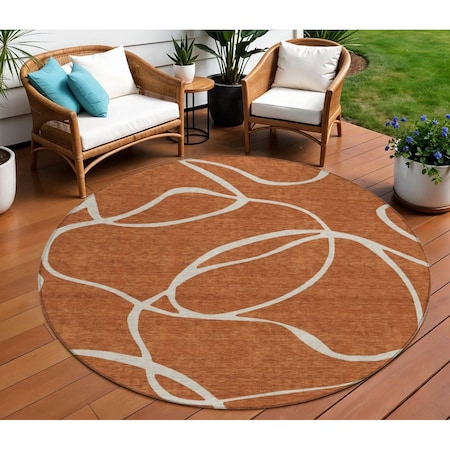 Homeroots 8' Copper And Ivory Round Abstract Washable Indoor Outdoor Area Rug 597507