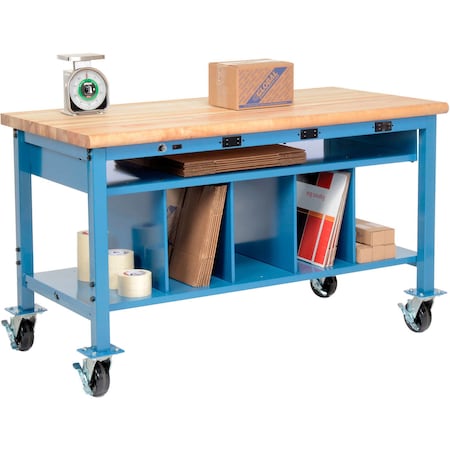 Global Industrial Mobile Packing Workbench W/Lower Shelf and Power, Maple Safety Edge, 60"Wx36"D 412470AB
