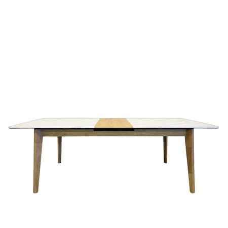 Homeroots 86" White and Oak Wood Self-Storing Leaf Extendable Dining Table 716295