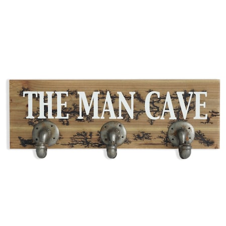 Homeroots 12" X 27" Natural Silver And White Man Cave Metal And Wood Wall Decor With Hooks 636031