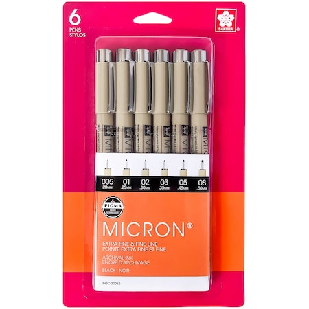 Sakura Pigma Micron Pens, Black, Assorted Sizes, 6-Piece Set, Blister Card 30062