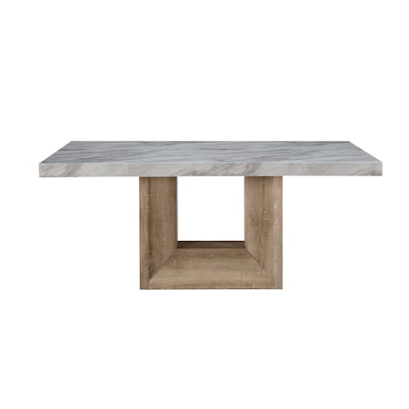 Homeroots 70" White and Natural Faux Marble and Wood Pedestal Base Dining Table 564891