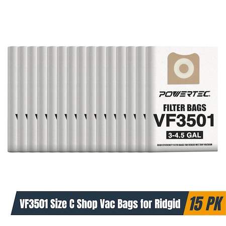 Powertec Vacuum Bags VF3501 Size C, 3-4.5 Gal. for Ridgid 4000RV, WD40700 Wet/Dry Shop Vacuums, 15PK 75017-P3