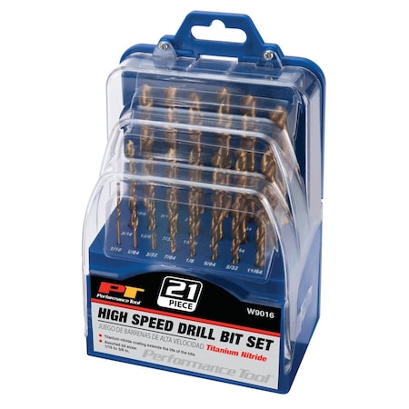 Performance Tool 21 pc. Drill Bit Set, Titanium Coated, Assorted Sizes, Metal Plastic Wood W9016