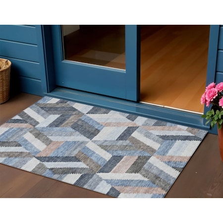 Homeroots 3' X 5' Blue Geometric Washable Indoor Outdoor Area Rug 608046