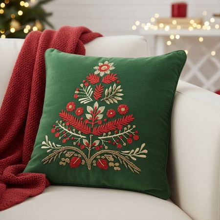 Homeroots 18" Green And Red Floral Velvet Cotton Christmas Tree Throw Pillow 719258