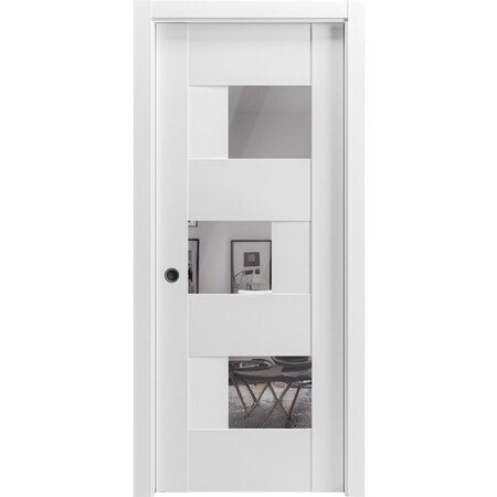 Vdomdoors Sliding Pocket Door 32x84 inches with Opaque Glass Sete 6999 White Silk with Mirror Kit Rail SETE6999PD-WS-3284