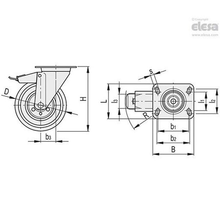 Elesa 450106 Castors steel bracket Vulcanised rubber coating plate bracket, brake 450106