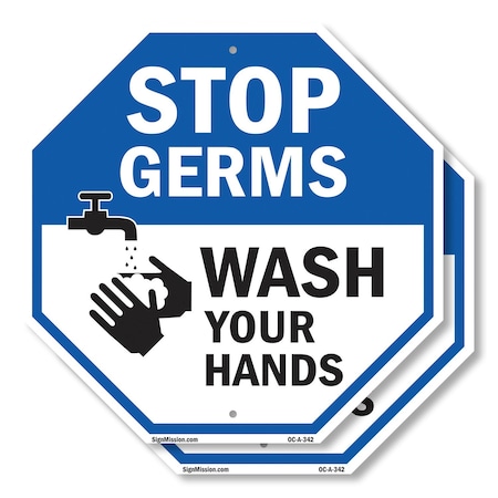 Signmission Stop Germs Wash Your Hands, 10 inch X 10 inch, Aluminum Metal Signs, 2PK OC-A-2PACK-10-342