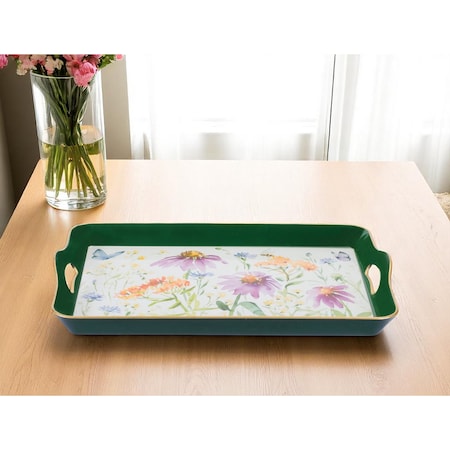 Homeroots 17" Green And White Watercolor Floral Serving Tray With Handles 634497