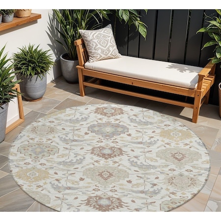 Homeroots 8' Ivory Brown And Gray Round Damask Washable Indoor Outdoor Area Rug 599426