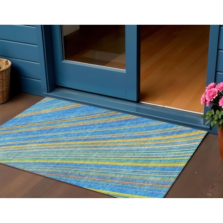 Homeroots 3' X 5' Denim Blue Sky Blue And Gold Striped Washable Indoor Outdoor Area Rug 614971