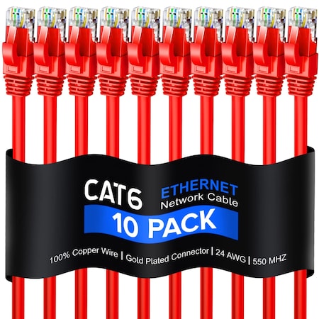 Maximm 10ft Cat6 Round LAN Patch Cable, 10PK, Red, 10PK CAT6-10RD-10PK