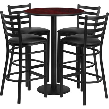 Flash Furniture Round Mahogany Bar Table, X-Base w/Black Seats, Laminate Top, Wood Grain RSRB1022-GG