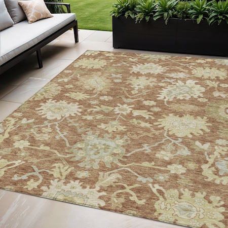 Homeroots 5' X 8' Copper Green And Ivory Floral Washable Indoor Outdoor Area Rug 605218