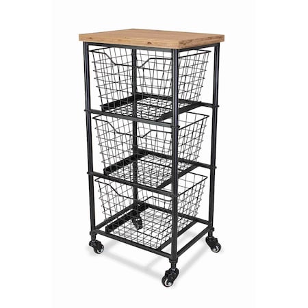 Homeroots 32in Black And Natural Metal And Wood Basket Storage Rolling Cabinet 488861