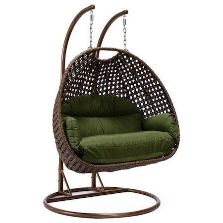 Leisuremod Mendoza Dark Brown Wicker Hanging 2 person Egg Swing Chair with Dark Green Cushions MSCDBR-53DG