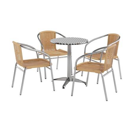 Flash Furniture Round Table Set, Aluminum, Plastic, Rattan, Stainless Steel, Grey TLH-ALUM-24RD-020BGECHR4-GG