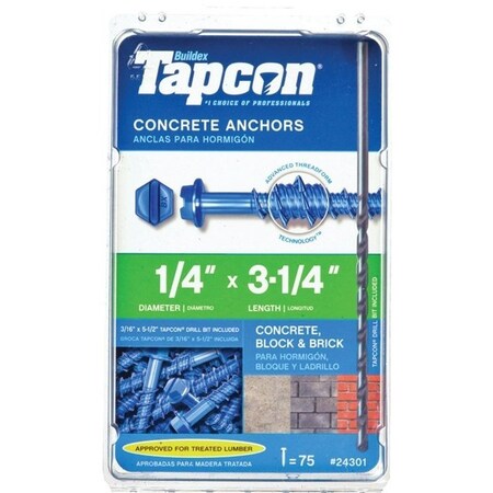 Tapcon Screw Anchor, Hex Drive, Steel, Climaseal, 75PK 24301