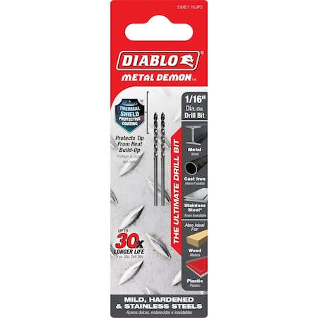 Diablo Metal Demon 1/16'' Drill Bit for Mild Hardened & Stainless Steels, 2PK DMD116JP2