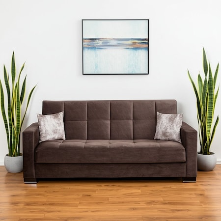 Homeroots 87" Brown Microfiber Convertible Futon Sleeper Sofa And Toss Pillows With Storage 607095