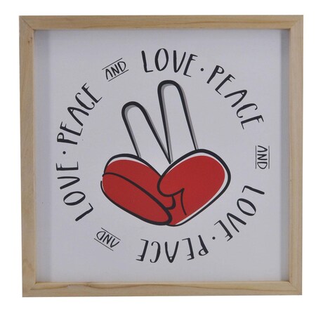 Homeroots 12" X 12" White Red And Black Love Peace Wood Square Wall Decor 636004