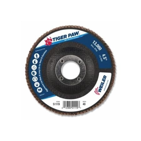 Weiler Tiger Paw, TY29 Coated Abrasive Flap Disc, 4-1/2 in dia, 40 Grit, 7/8 Arbor, 13000 rpm, 10PK 804-51119