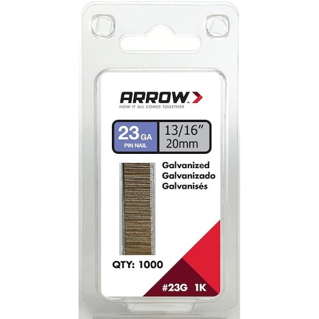 Arrow Fastener Common Nail, 13/16 in L, Steel, Galvanized Finish, 23 ga 23G20-1K