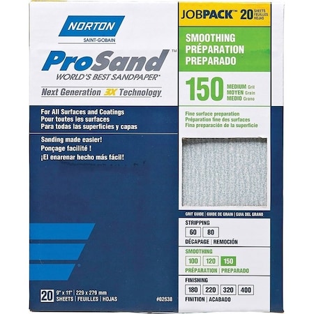 Norton Co ProSand 07660768171 Sanding Sheet, 11 in L, 9 in W, Medium, 150 Grit, Aluminum Oxide Abrasive 2638