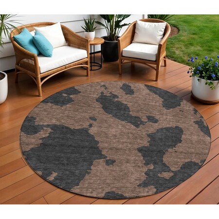 Homeroots 8' Chocolate And Charcoal Round Abstract Washable Indoor Outdoor Area Rug 614523