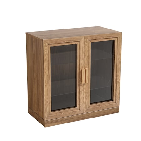 Homeroots 31" Natural And Clear Glass Door Accent Cabinet With Three Shelves 564864